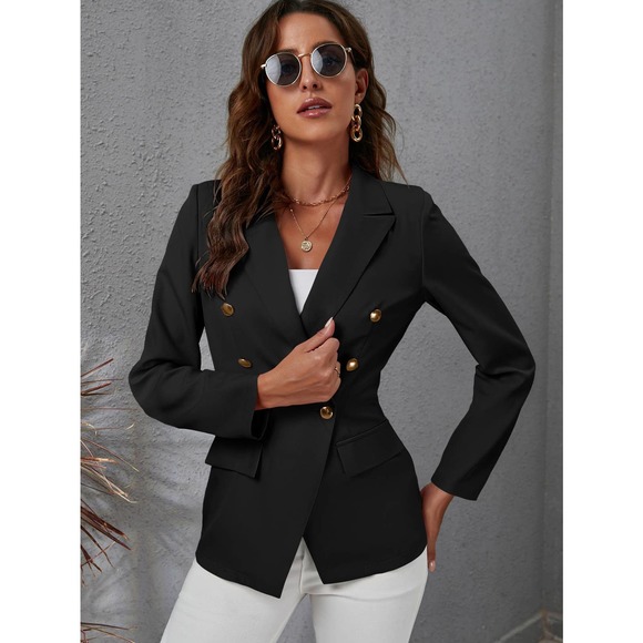 Lapel Collar Double Breasted Gold Button Blazer jacket black - Picture 3 of 12